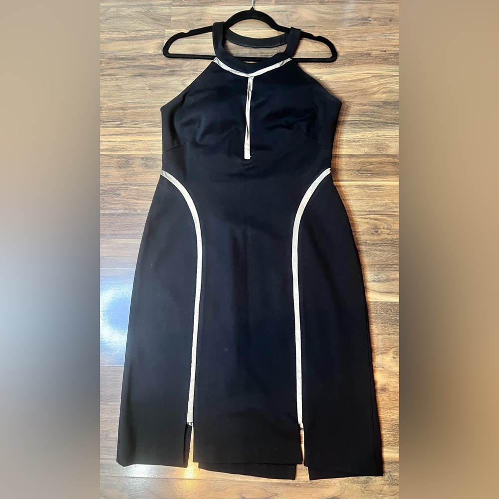 Aidan Mattox Black Midi Dress with sheer panel Trim - Picture 8 of 9